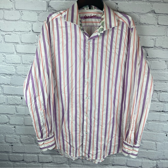 Robert Graham Shirt Men Large Purple Striped Floral Long Sleeve Flip Cuff‎ - Picture 1 of 9